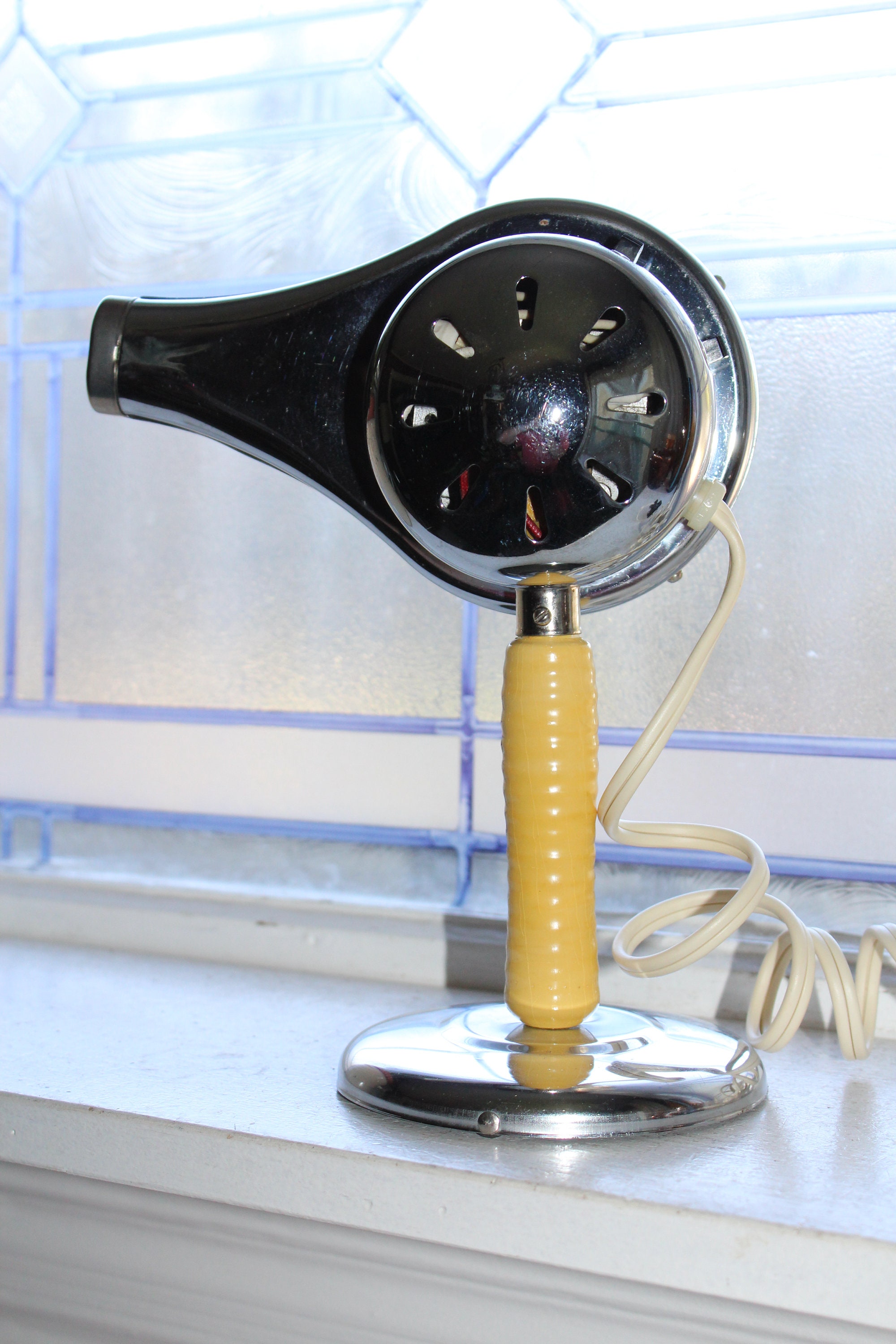 Vintage Blow Dryer & Stand Chic Chrome Yellow Wooden Handle
