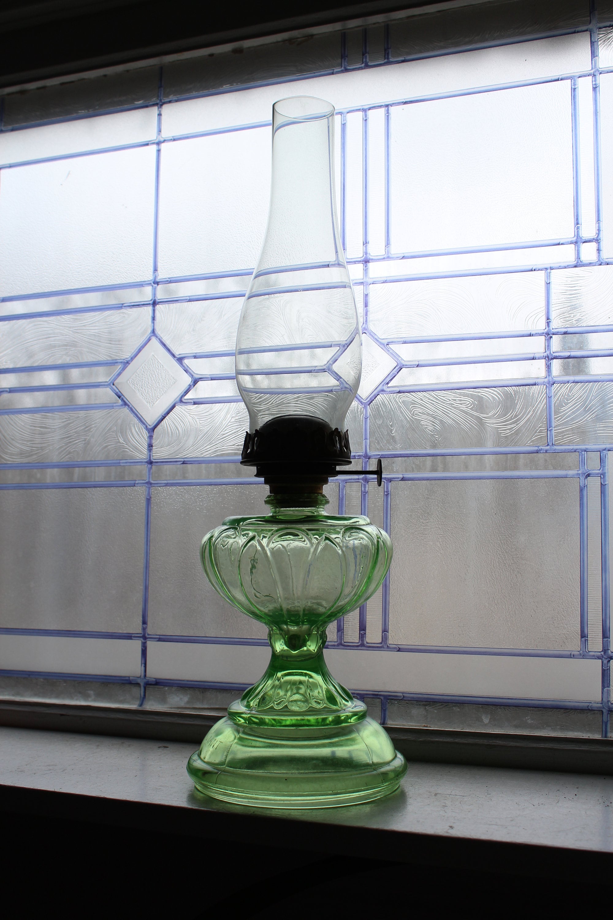 Vintage Green Depression Glass Large Oil Lamp