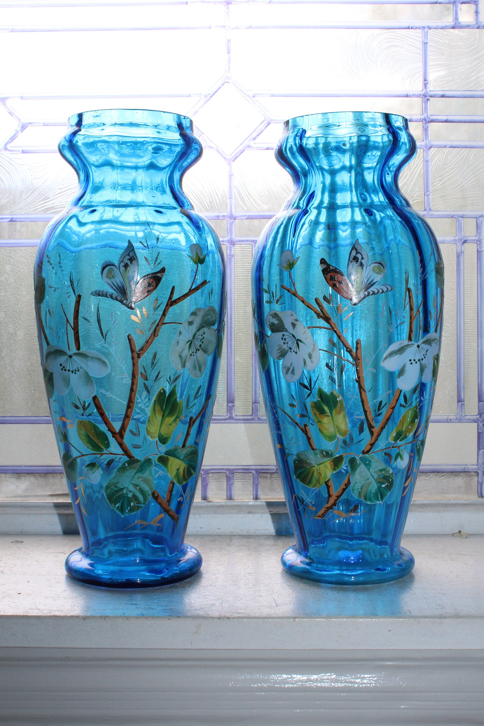 Large Blue Glass Victorian Vases Pair Hand Painted Butterflies Flowers