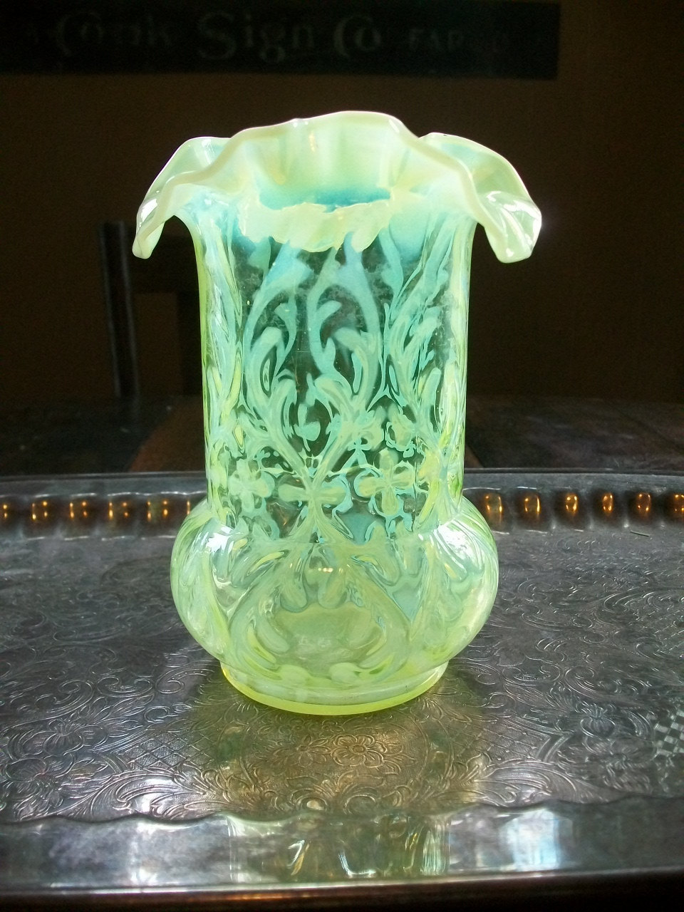 Antique Celery Vase Northwood Yellow Opalescent Spanish Lace