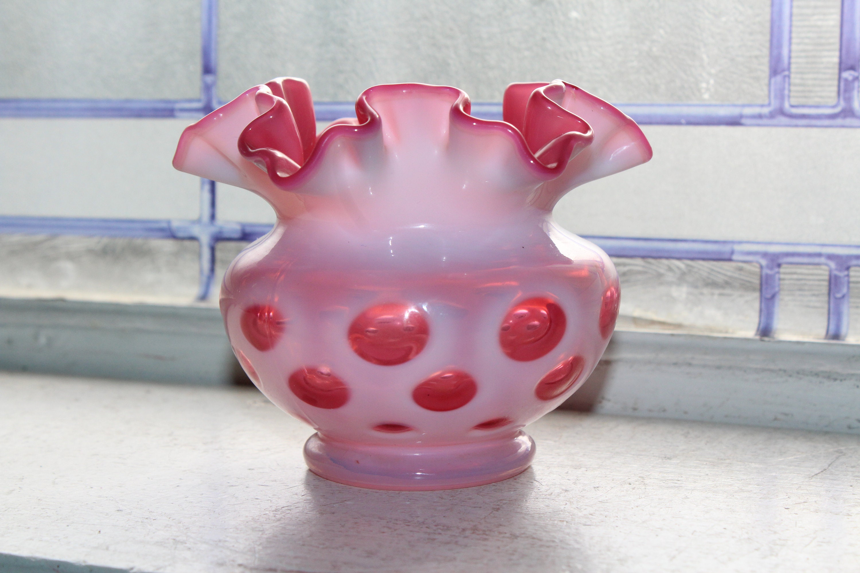 Fenton Cranberry Glass Coin Dot Vase Ruffled Rim