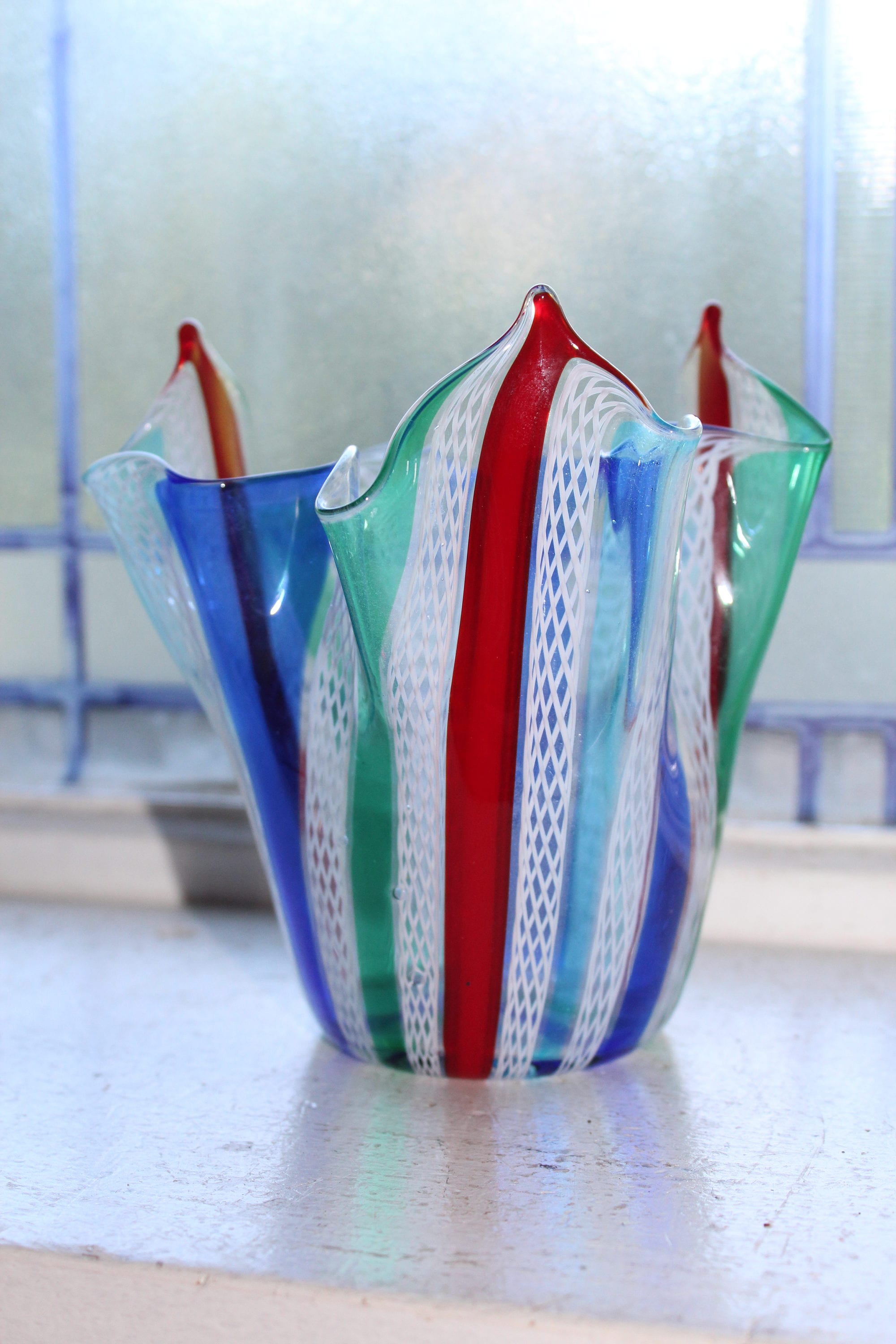 Vintage Murano Glass Handkerchief Vase Latticino and Ribbons 1950s