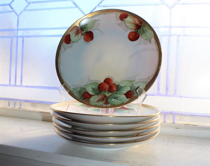 6 Antique Nippon Dessert or Salad Plates Hand Painted Strawberries