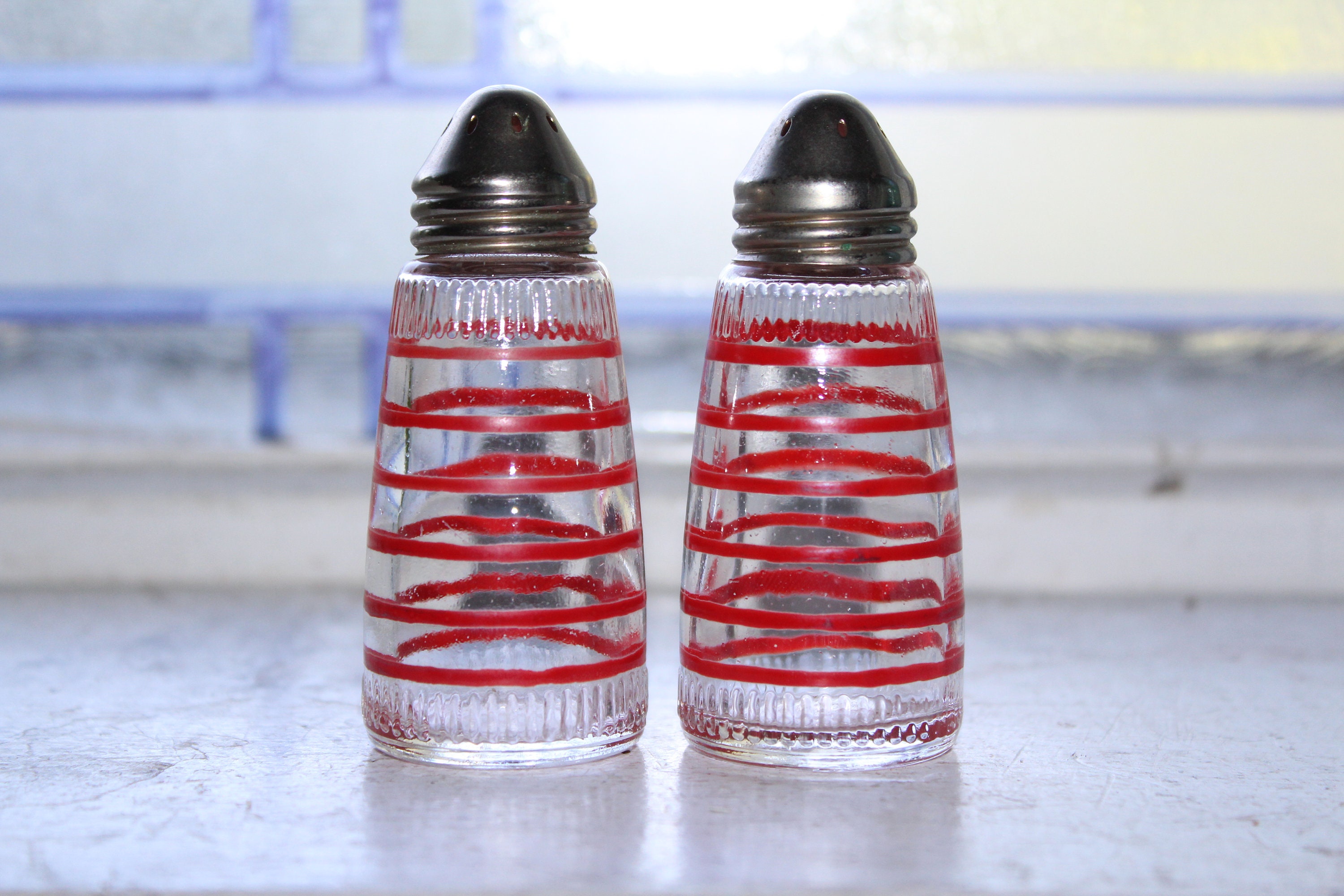 Vintage Salt and Pepper Shakers Glass with Red Stripes
