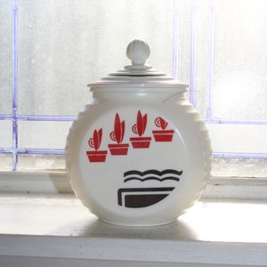 Vitrock Grease Jar Vintage Art Deco 1940s Milk Glass Black and Red Flower Pots