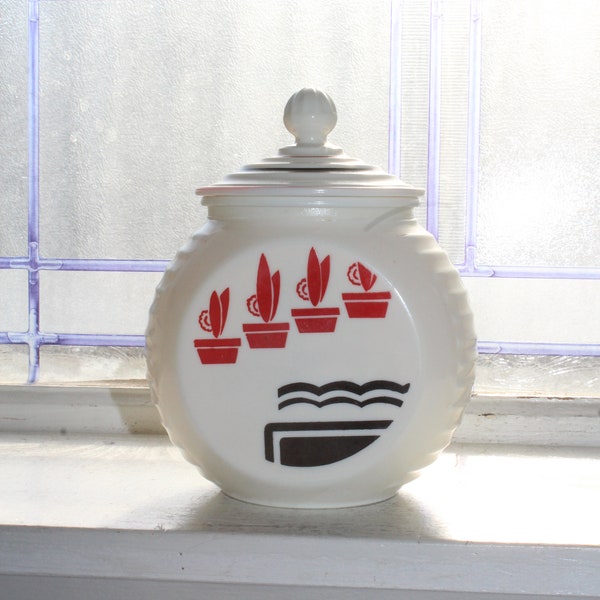 Vitrock Grease Jar Vintage Art Deco 1940s Milk Glass Black and Red Flower Pots