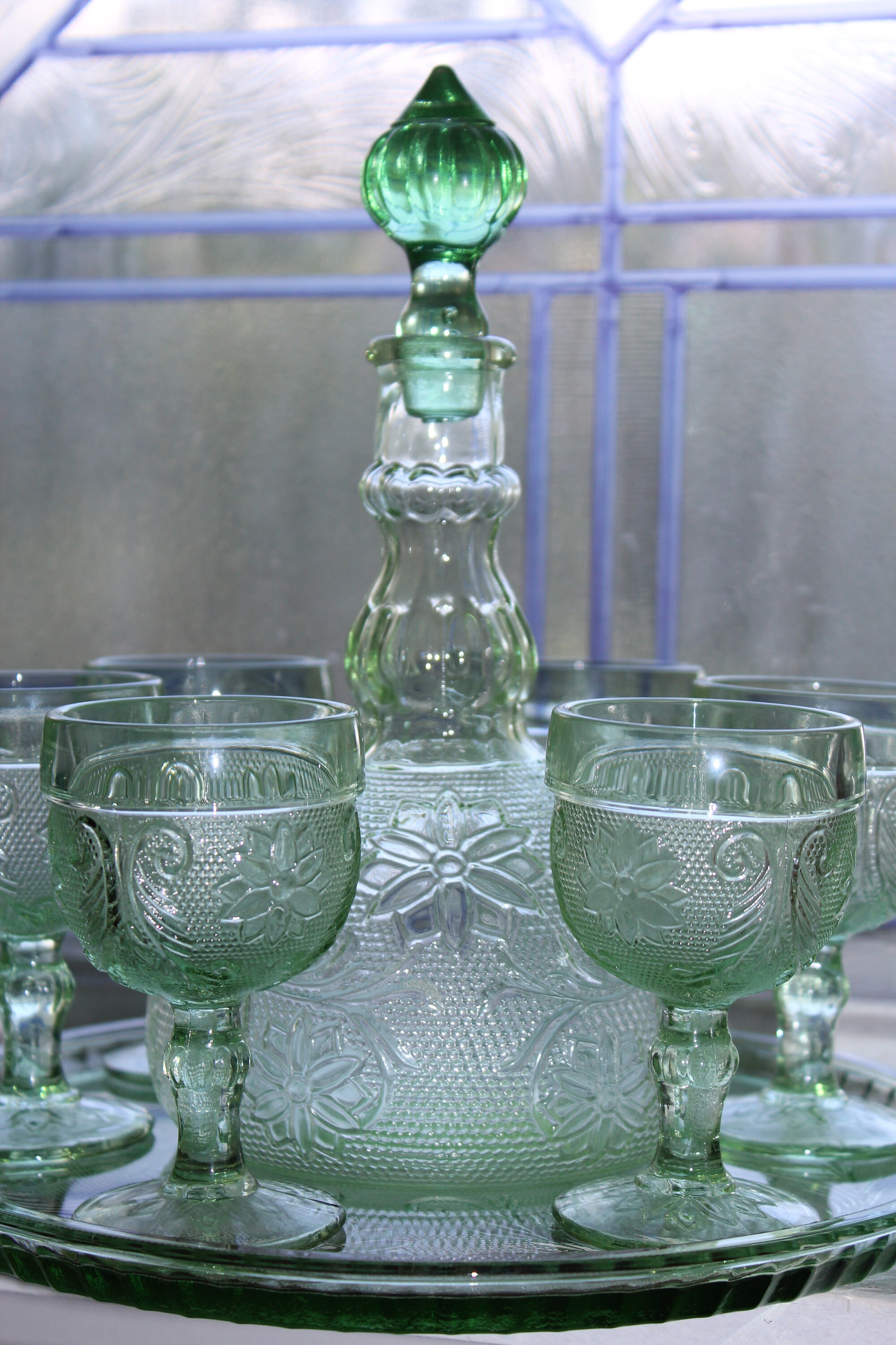 Green Tiara Sandwich Glass Decanter 6 Goblets and Tray
