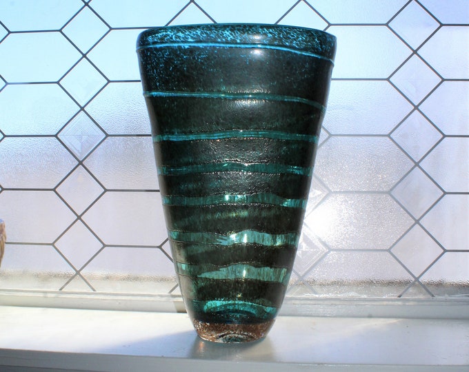 Large Vintage Studio Art Glass Fan Vase Blue with Stripes