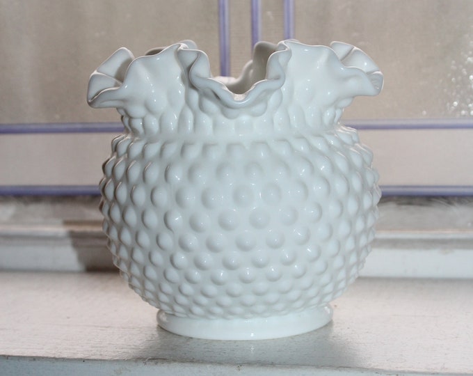 Milk Glass Hobnail Vase Ruffled Rim Vintage 1960s