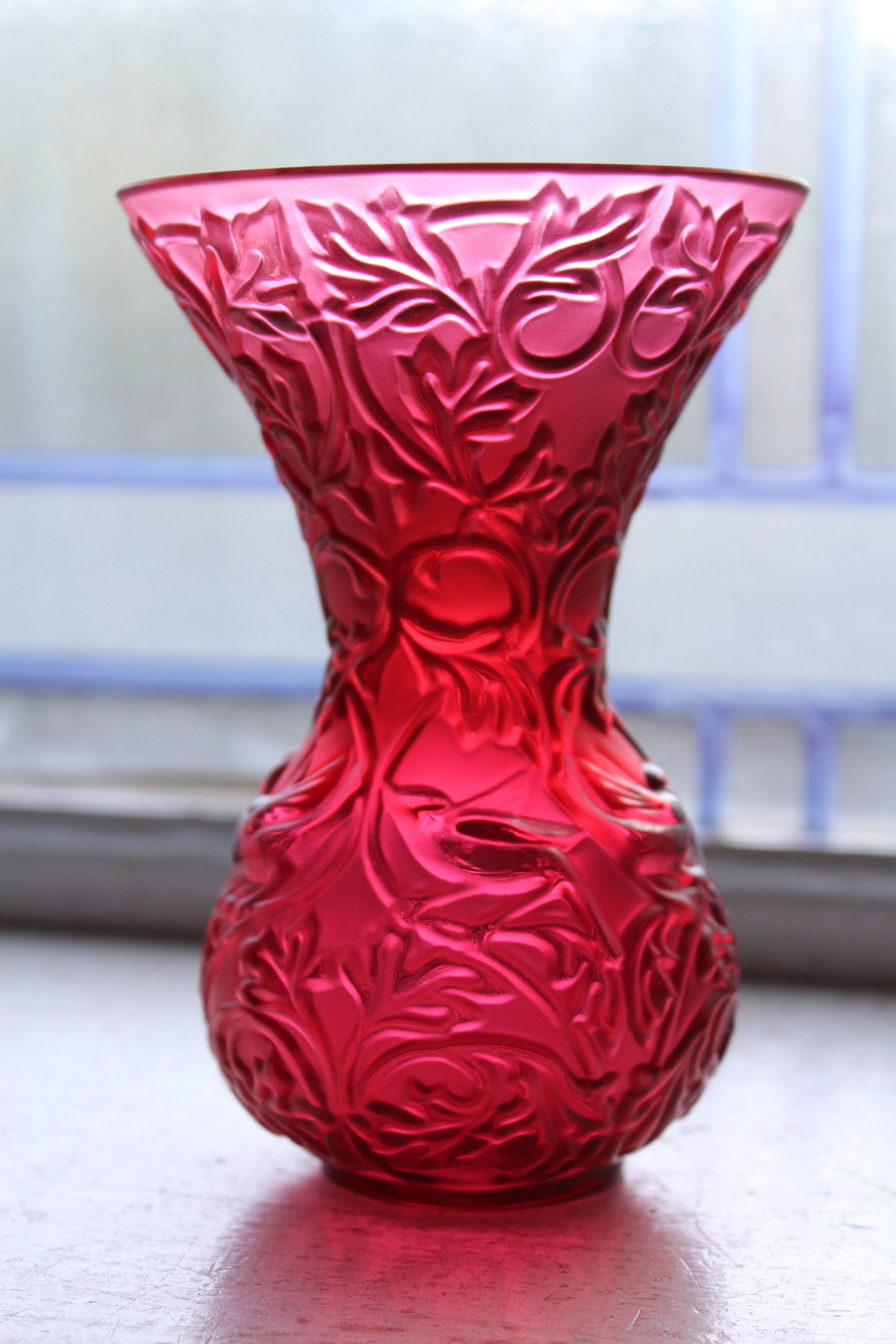 Vintage Lalique Crystal Ruby Red Arabesque Vase Birds and Vines