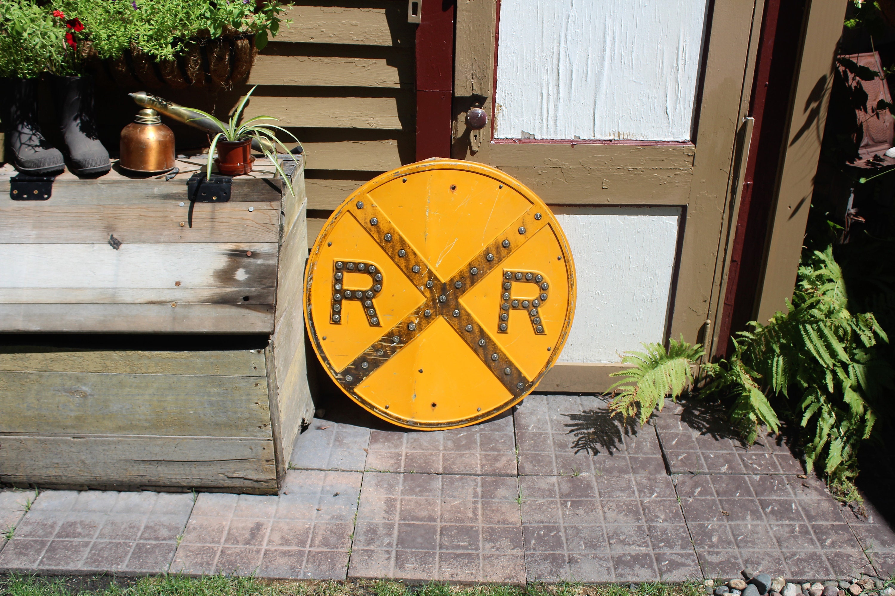 Antique Railroad Crossing Round Steel Sign with Reflector Marbles