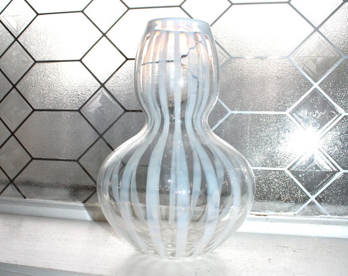Large Vintage Murano Glass Vase White Stripes Gourd Shaped