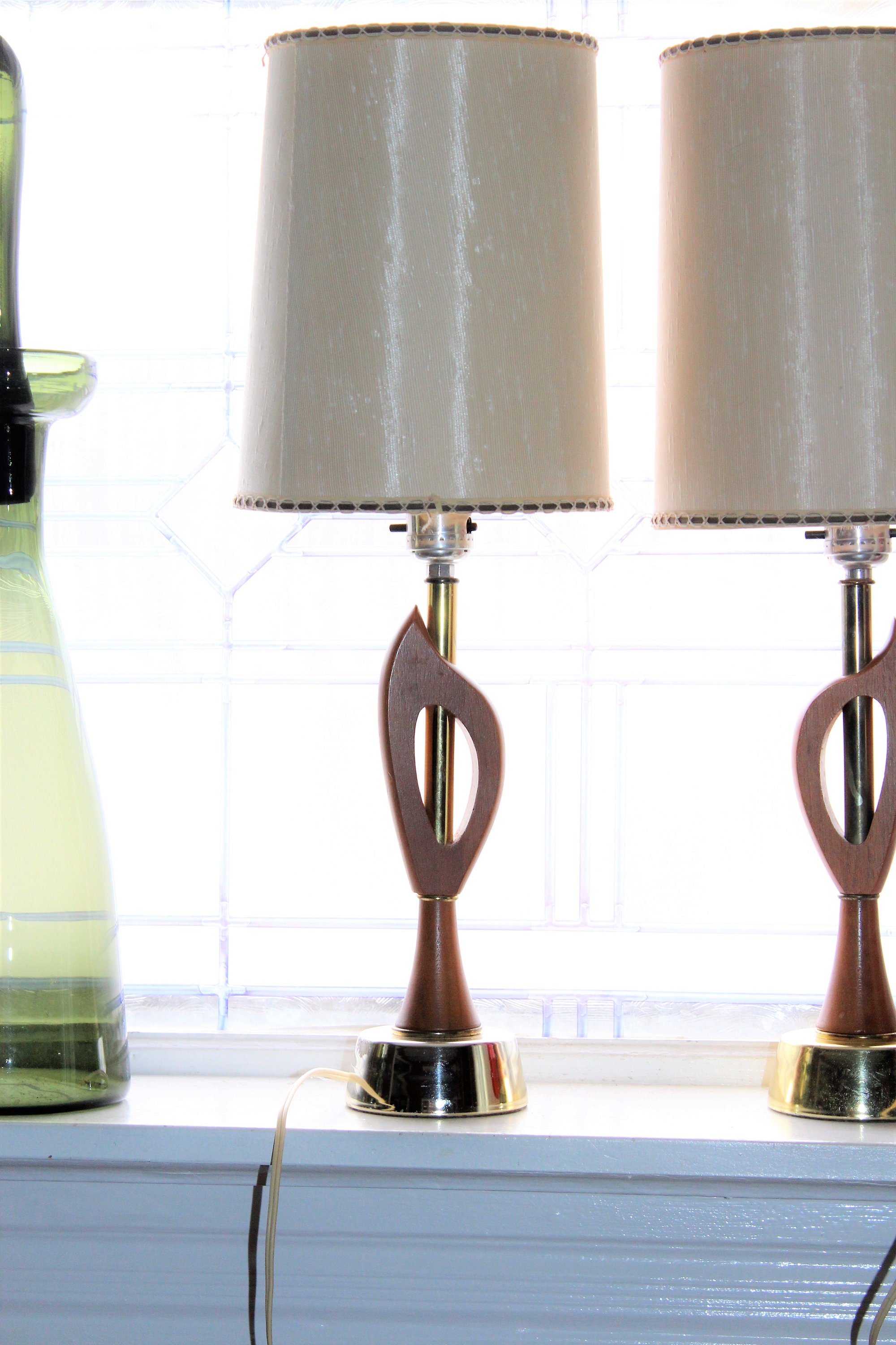 Vintage Mid Century Teak Wood Bedside Lamps Pair 1950s