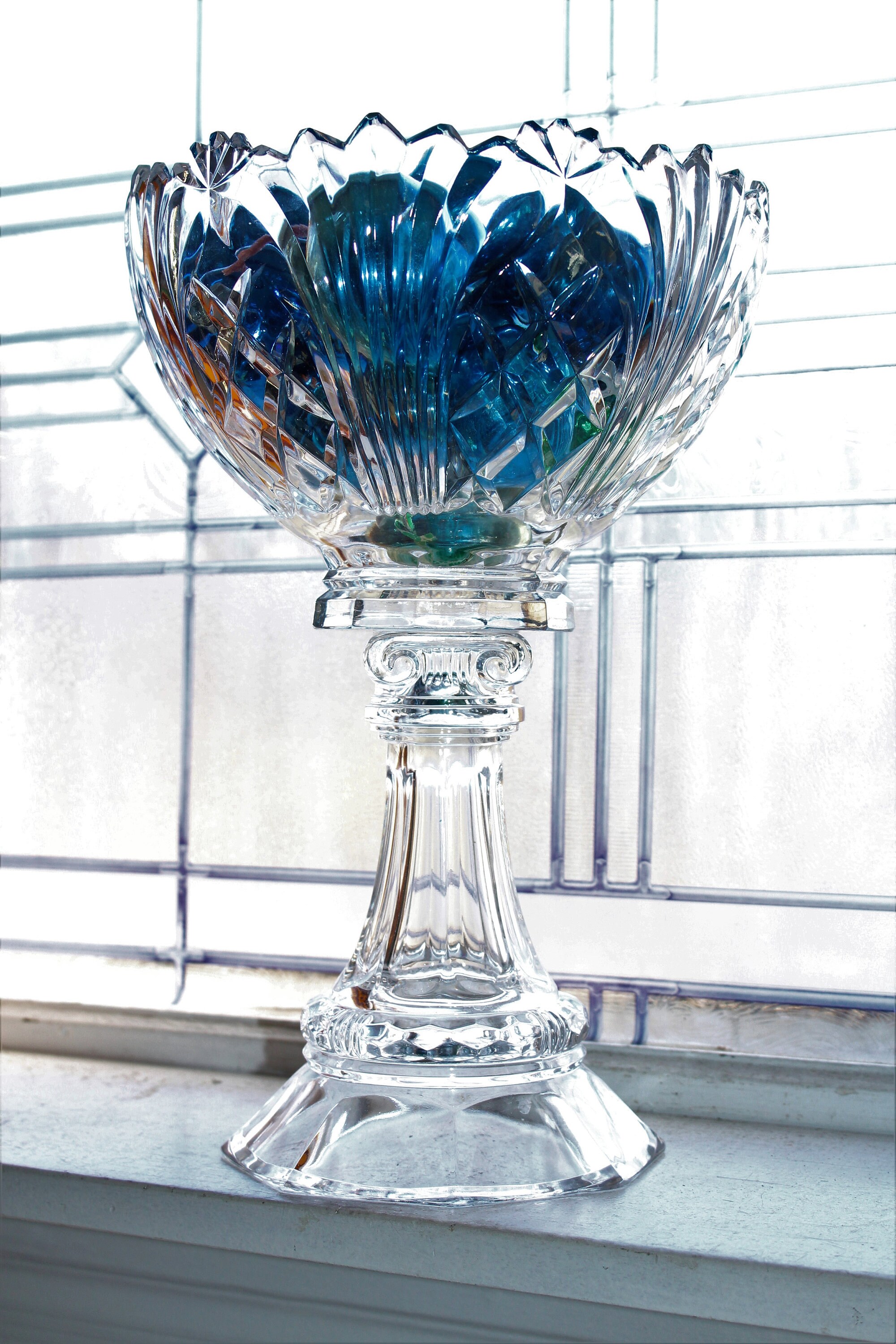 Large Vintage Crystal Compote Column Pedestal Bowl 13 1/2