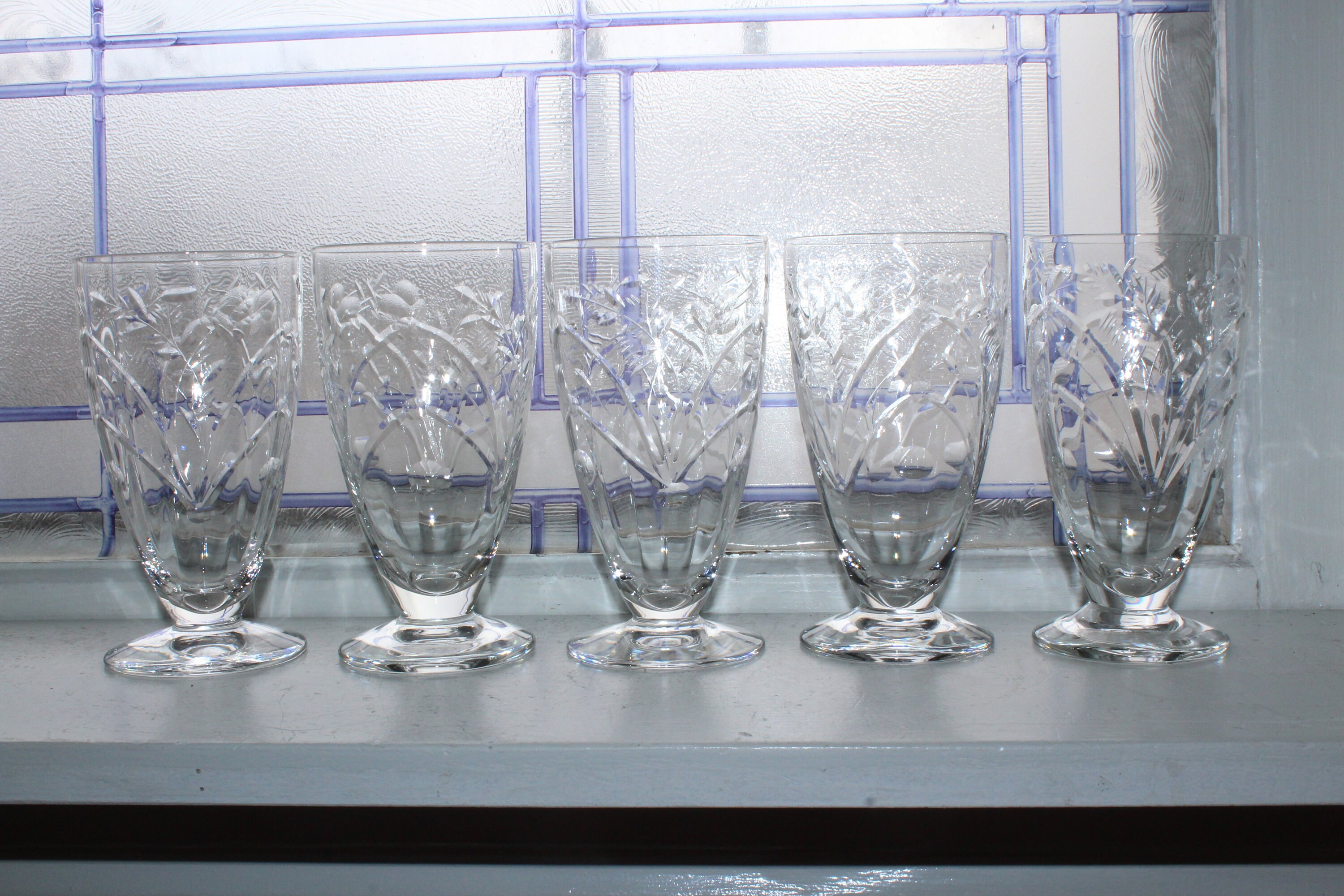 5 Vintage Cut Crystal Water Glasses Footed Tumblers