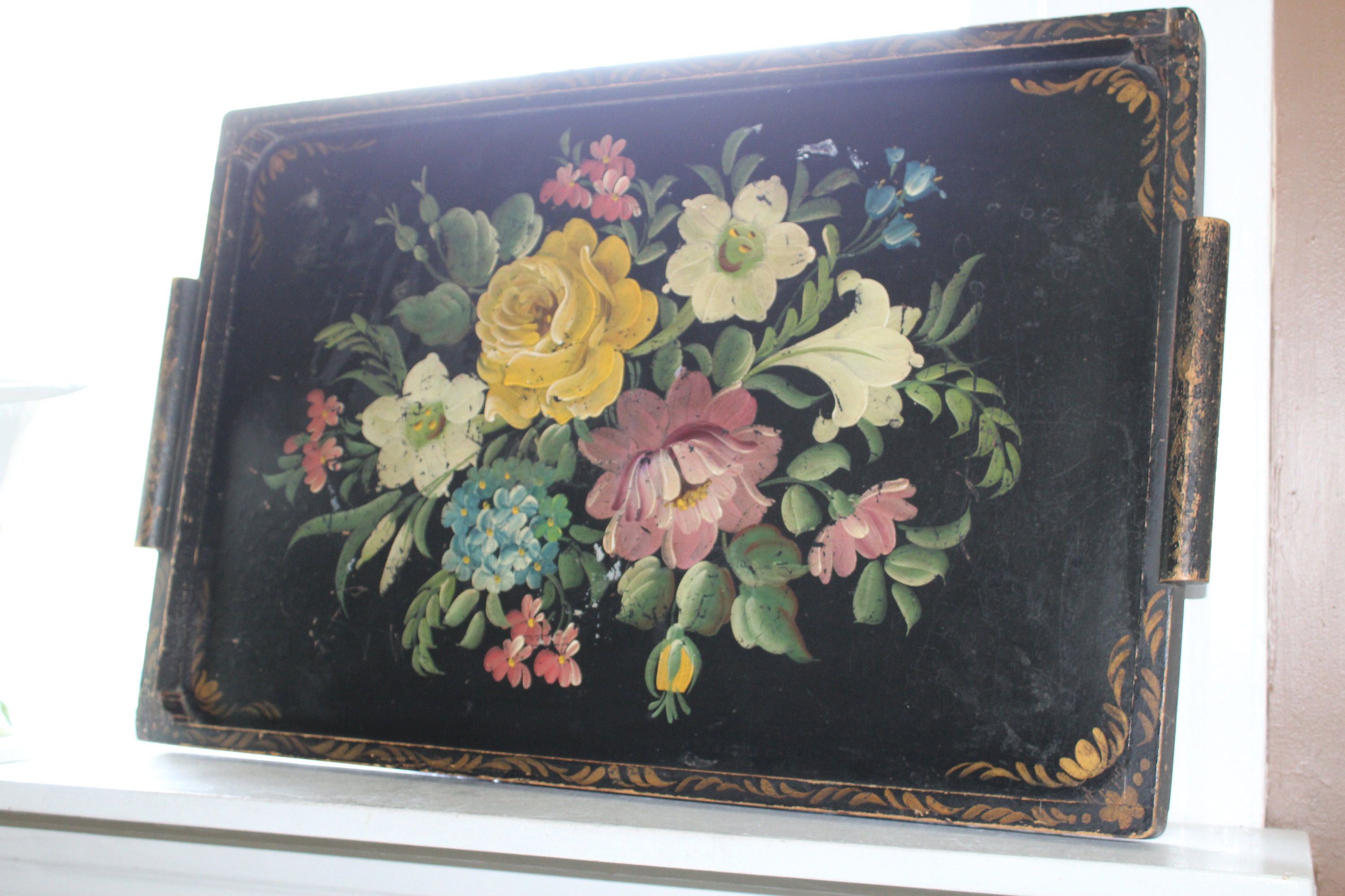 Large Antique Toleware Wood Tray Tole Painted Flowers On Black