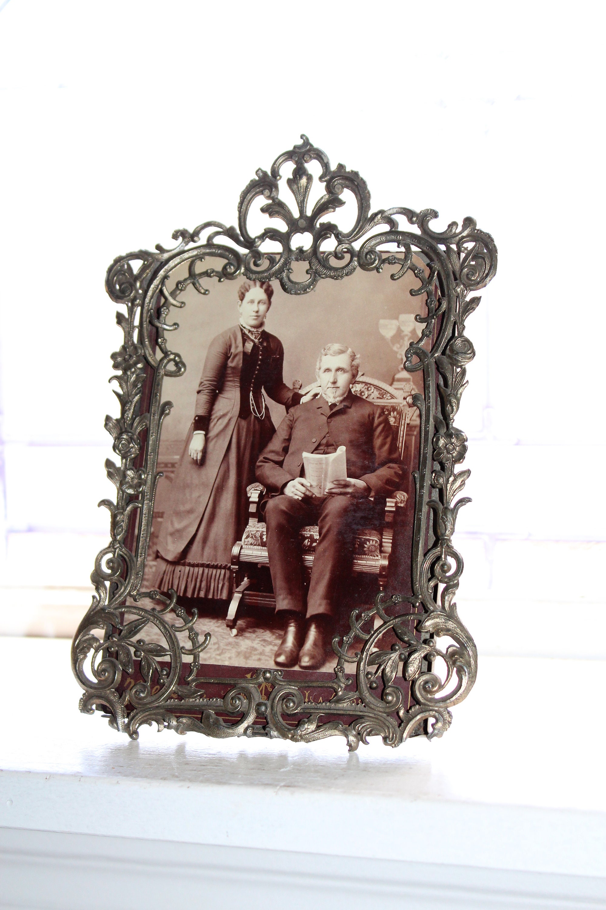 Ornate Antique Victorian Tin Picture Frame with Card 1800s