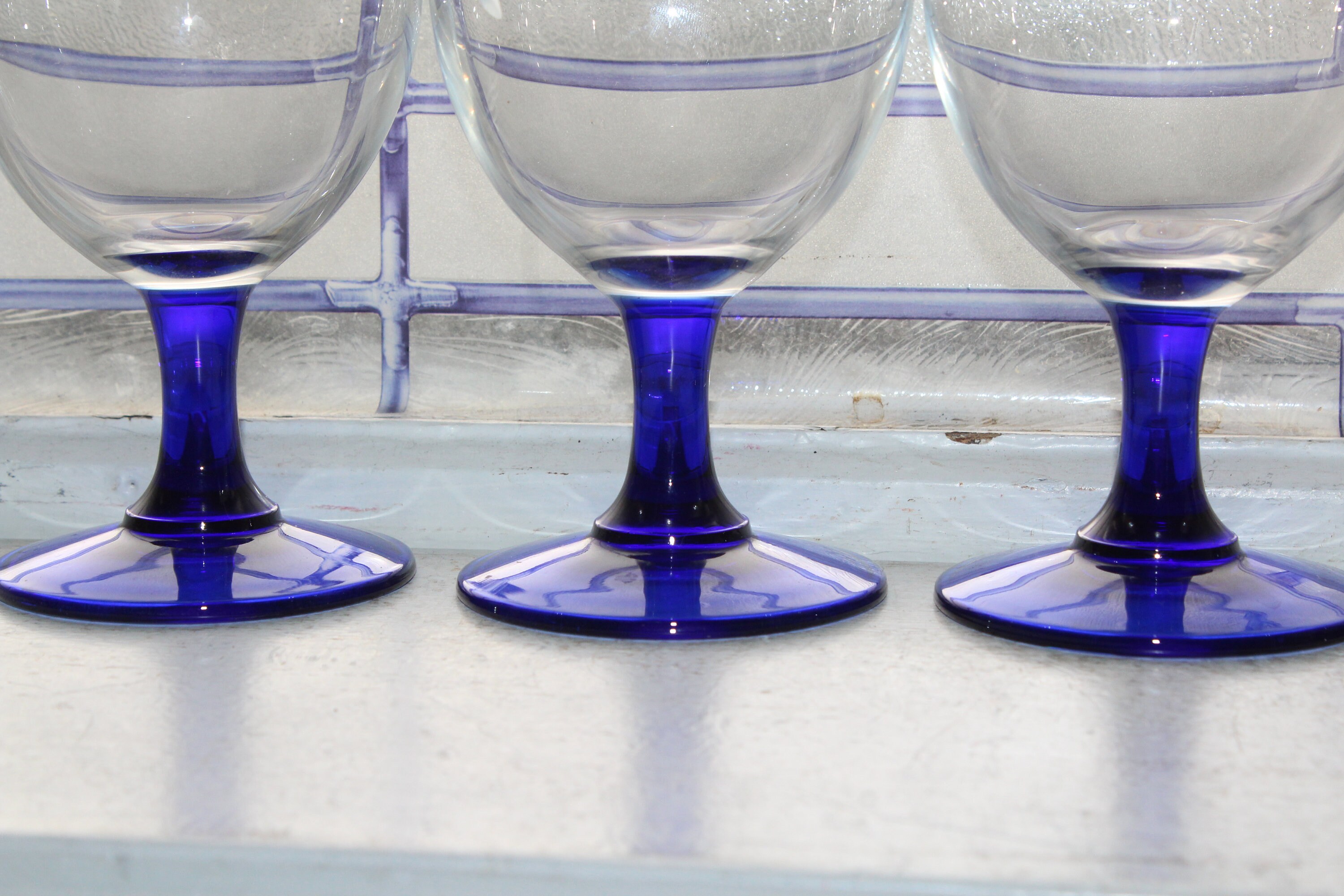 4 Cobalt Blue Stemmed Etched Water Goblets