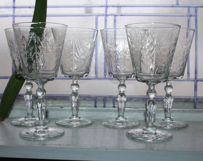 6 Vintage Art Deco Cut Crystal Wine or Water Glasses