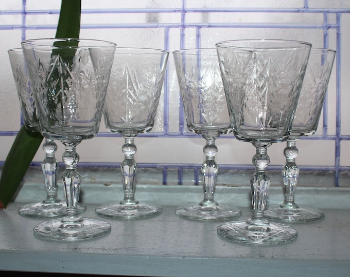 6 Vintage Art Deco Rock Sharpe 3006 Cut Crystal Wine or Water Glasses