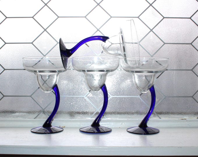 4 Libbey Bravura Blue Martini Margarita Glasses Cobalt Blue Offset Stems