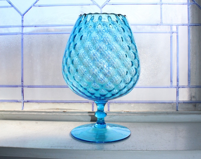 Large Vintage Empoli Glass Blue Balloon Vase with Stem
