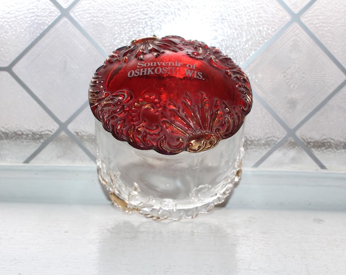 Antique EAPG Ruby Flashed Glass Dresser Jar Souvenir Oshkosh Wisconsin