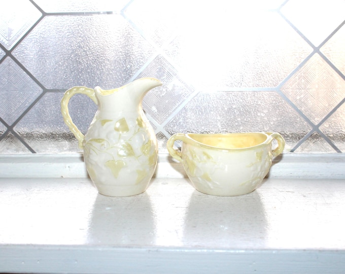 Vintage Belleek Ivy Yellow Creamer and Sugar Bowl 3rd Black Mark