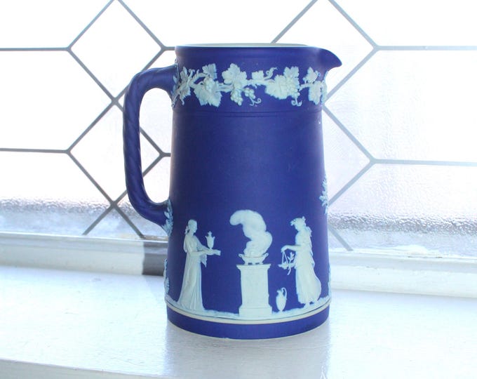 Vintage Wedgwood Pitcher Cobalt Blue Dipped Jasperware Classical Figures