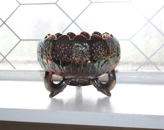Vintage Fenton Carnival Glass Footed Candy Dish Bowl Leaf Chain Amethyst Purple