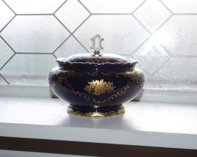 Vintage Reichenbach Germany Porcelain Dish with Lid Cobalt Blue and Gold