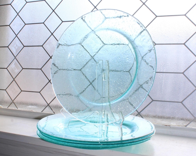 4 Aqua Blue Dinner Plates Seeded Bubble Glass Home Studio Shoreline Collection