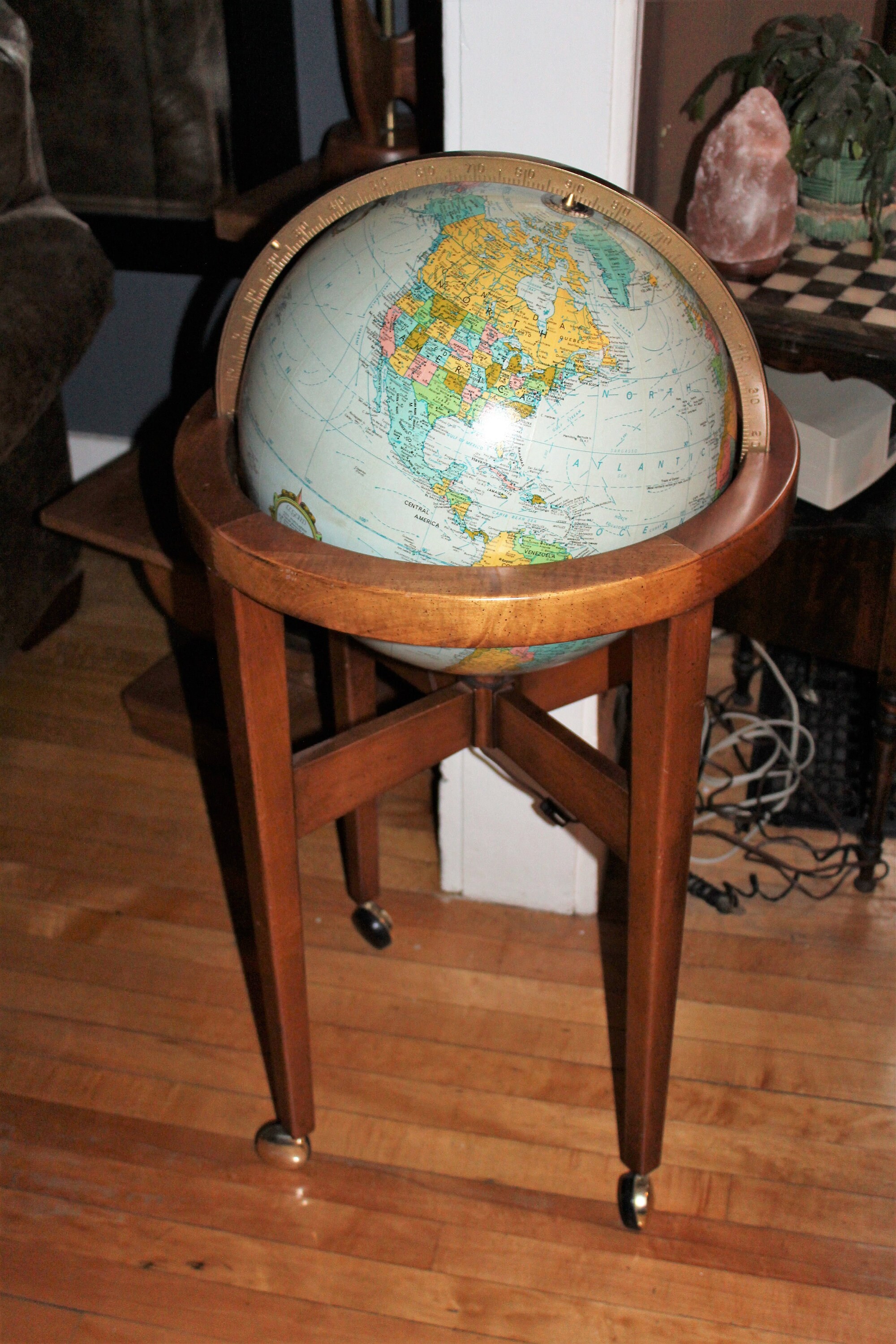 Vintage Mid Century Illuminated Standing World Globe Replogle Heirloom