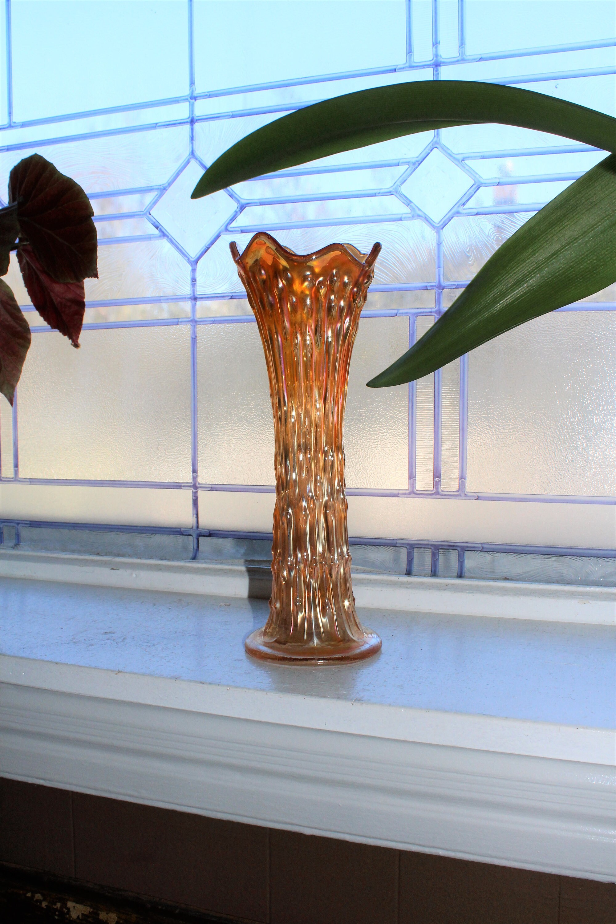 Tall Carnival Glass Vase Marigold Northwood Tree Trunk Antique 1910s