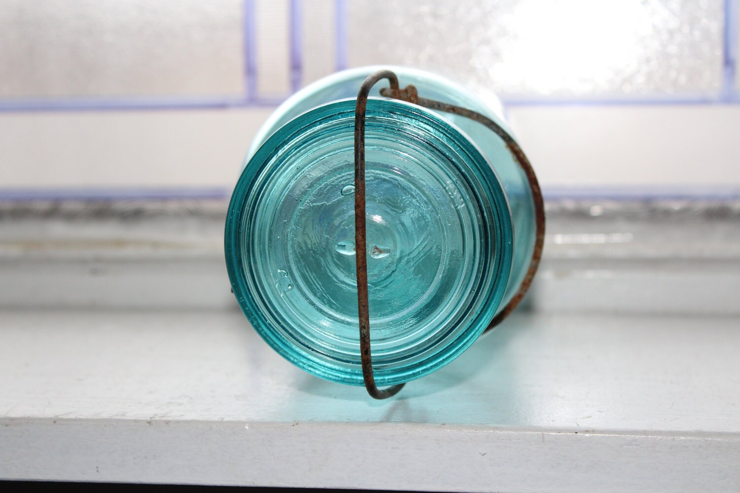 Blue Quick Seal Jar Quart Mason Jar Vintage 1920s Glass Lid Wire Closure