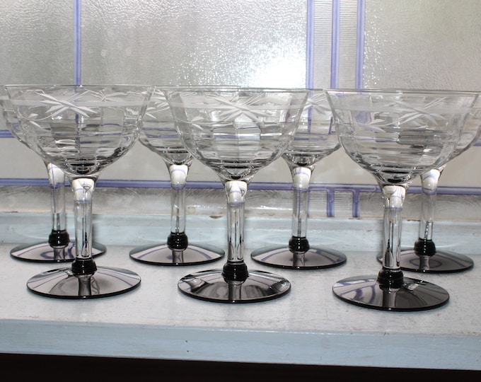 7 Art Deco Weston Optic Champagne Glasses Etched with Black Bases