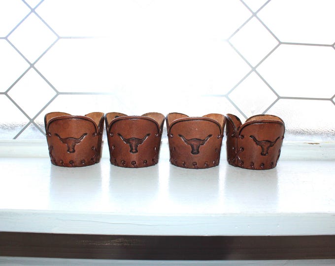 4 Vintage Libbey Bamco Western Bar Glass Tooled Leather Sleeves