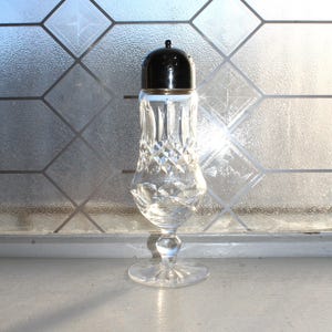 May include: A clear, cut-glass salt shaker with a black metal top and a silver-colored band. The shaker has a bulbous base and a slender, fluted body. It stands on a round, clear glass foot. The background is a window with a diamond pattern.