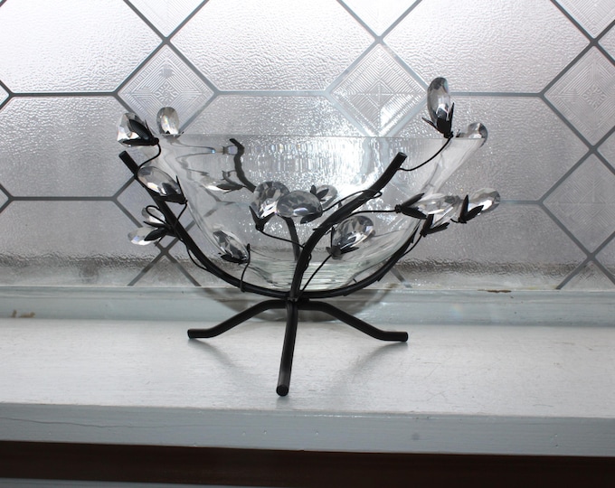 Metal Branch & Faceted Crystal Leaves Stand with Glass Bowl