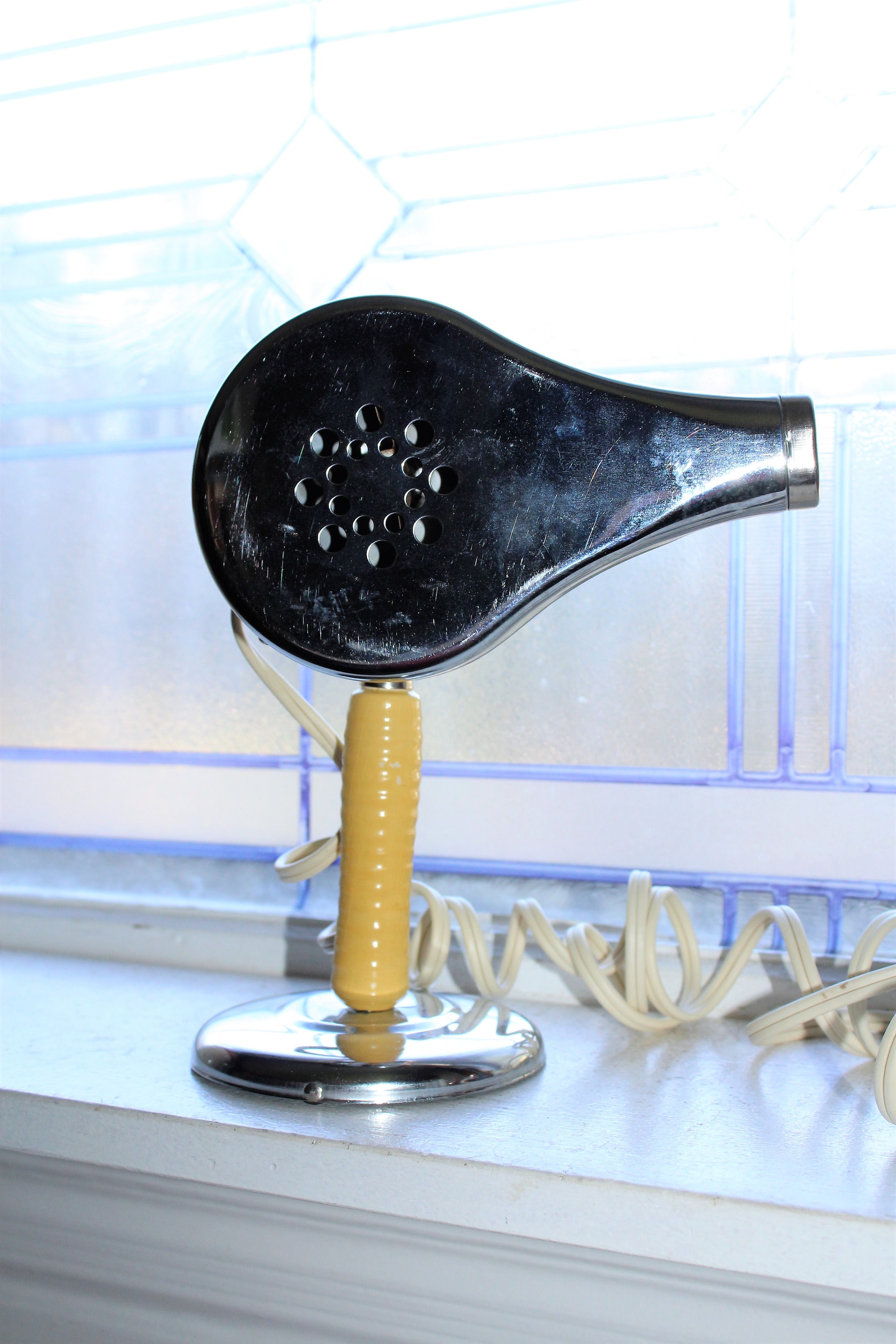 Vintage Blow Dryer & Stand Chic Chrome Yellow Wooden Handle