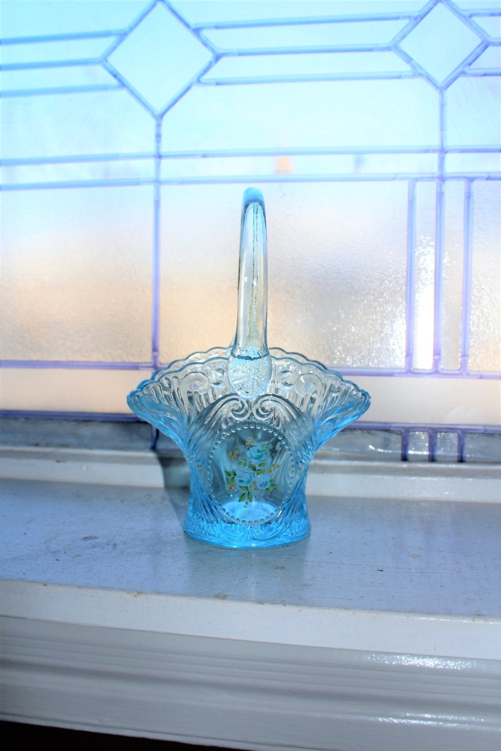 Topaz Blue Glass Basket with Blue Roses Vintage Art Glass