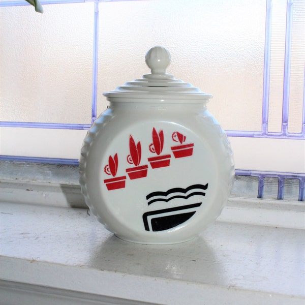 Vitrock Grease Jar Vintage Art Deco 1940s Milk Glass Black and Red Flower Pots