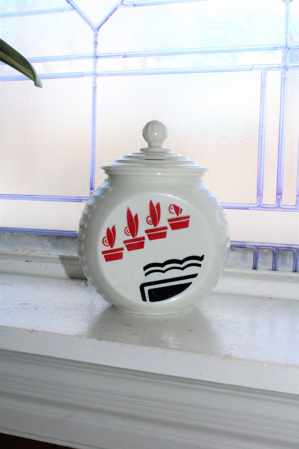 Vintage Fire King Glass Grease Jar 1940s Milk Glass Art Deco Red and Black Fired On Color Flower Pots