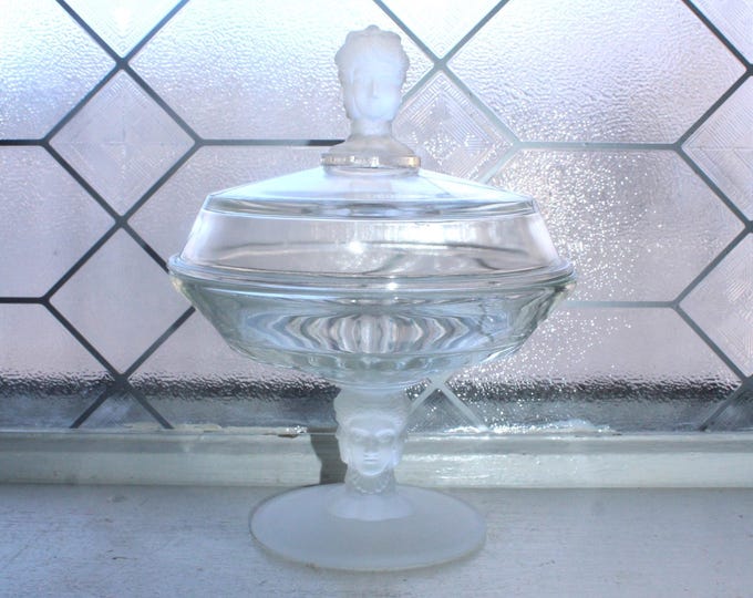 Vintage Three Faces Glass Compote with Lid Duncan Miller
