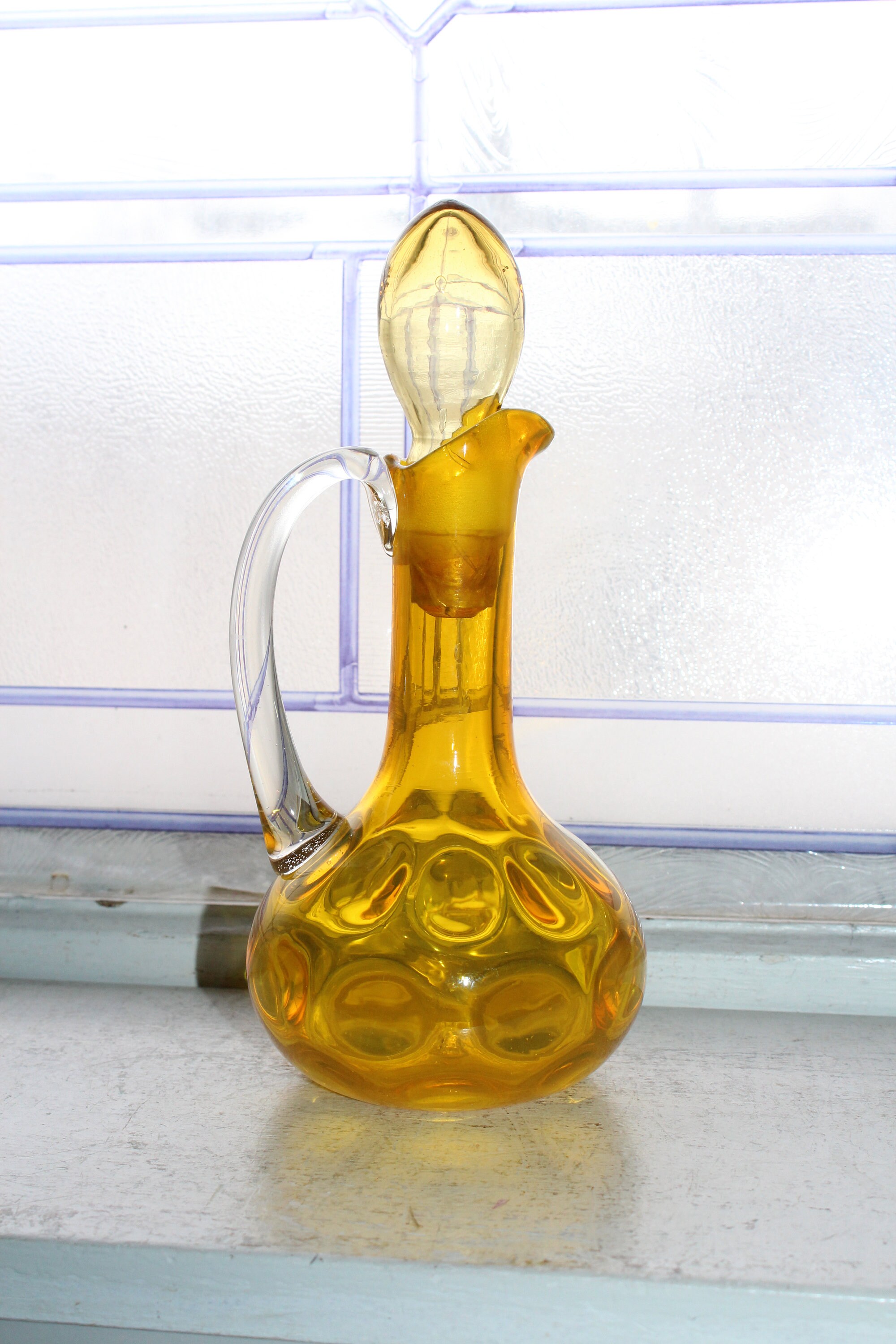 Vintage Uranium Glass Thumbprint Cruet Vaseline Glass