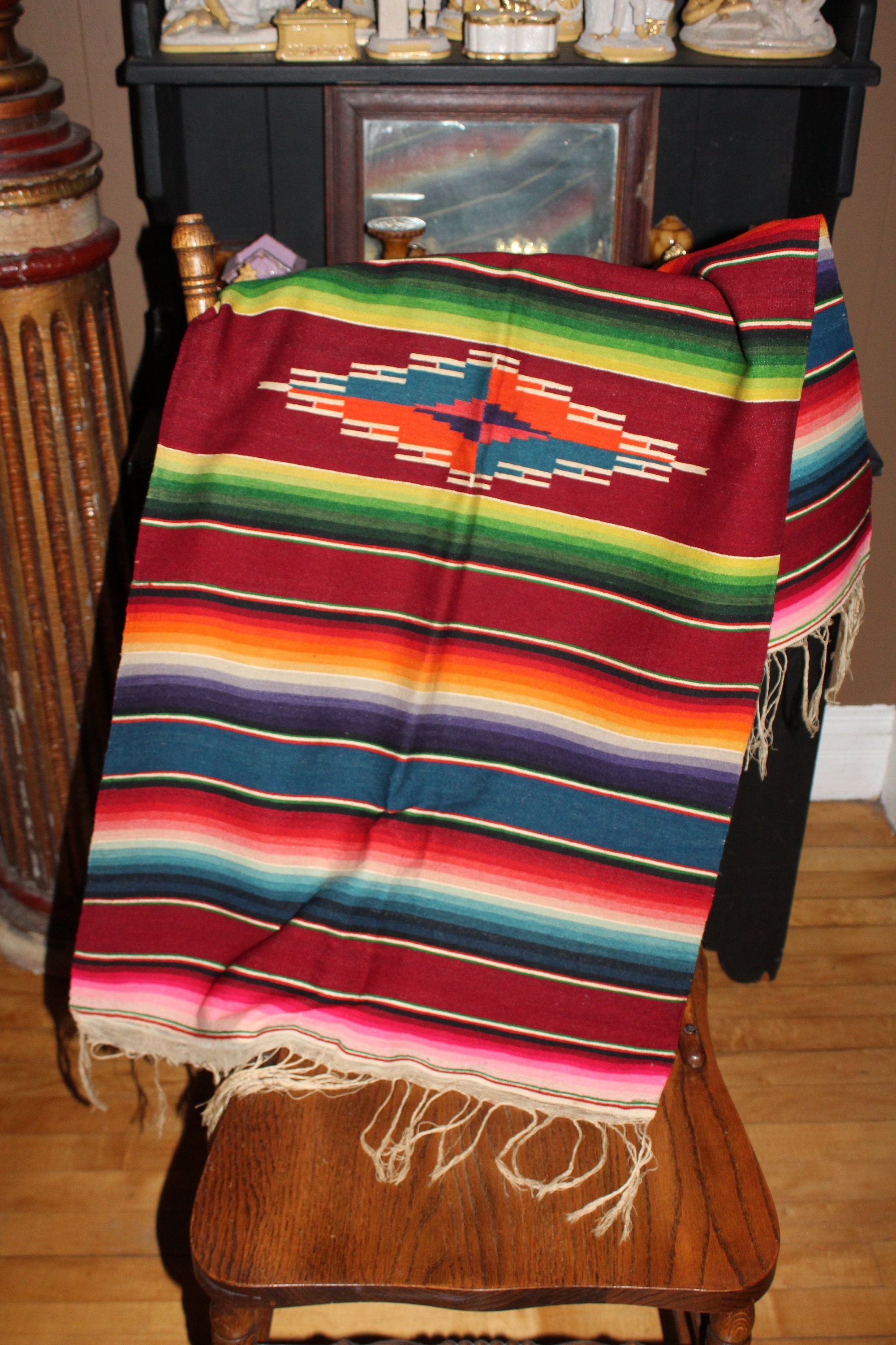 Vintage Mexican or Southwestern Blanket Serape Throw Rug Red Stripes