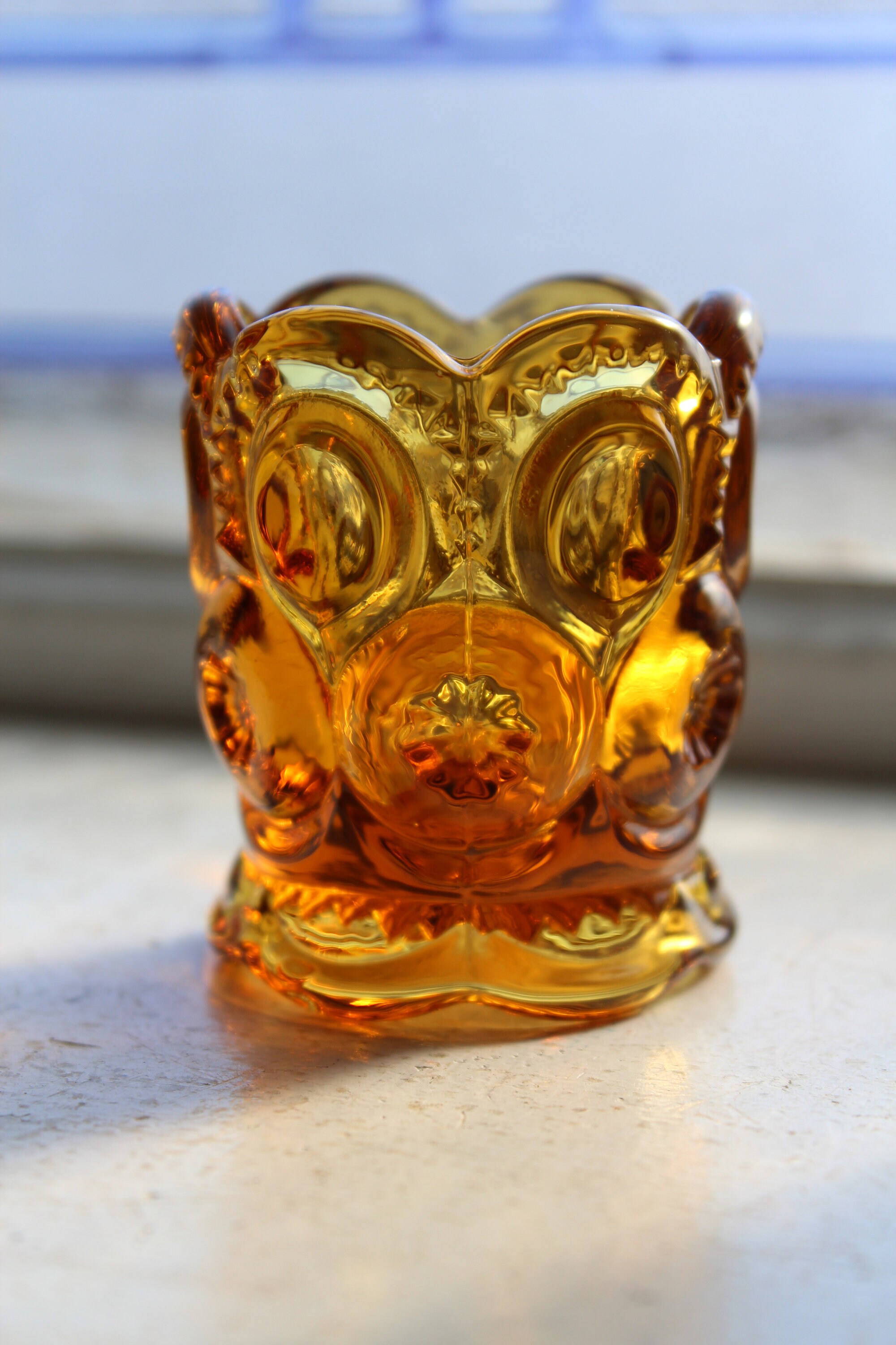 Vintage Amber Glass Toothpick Holder Moon and Star Pattern