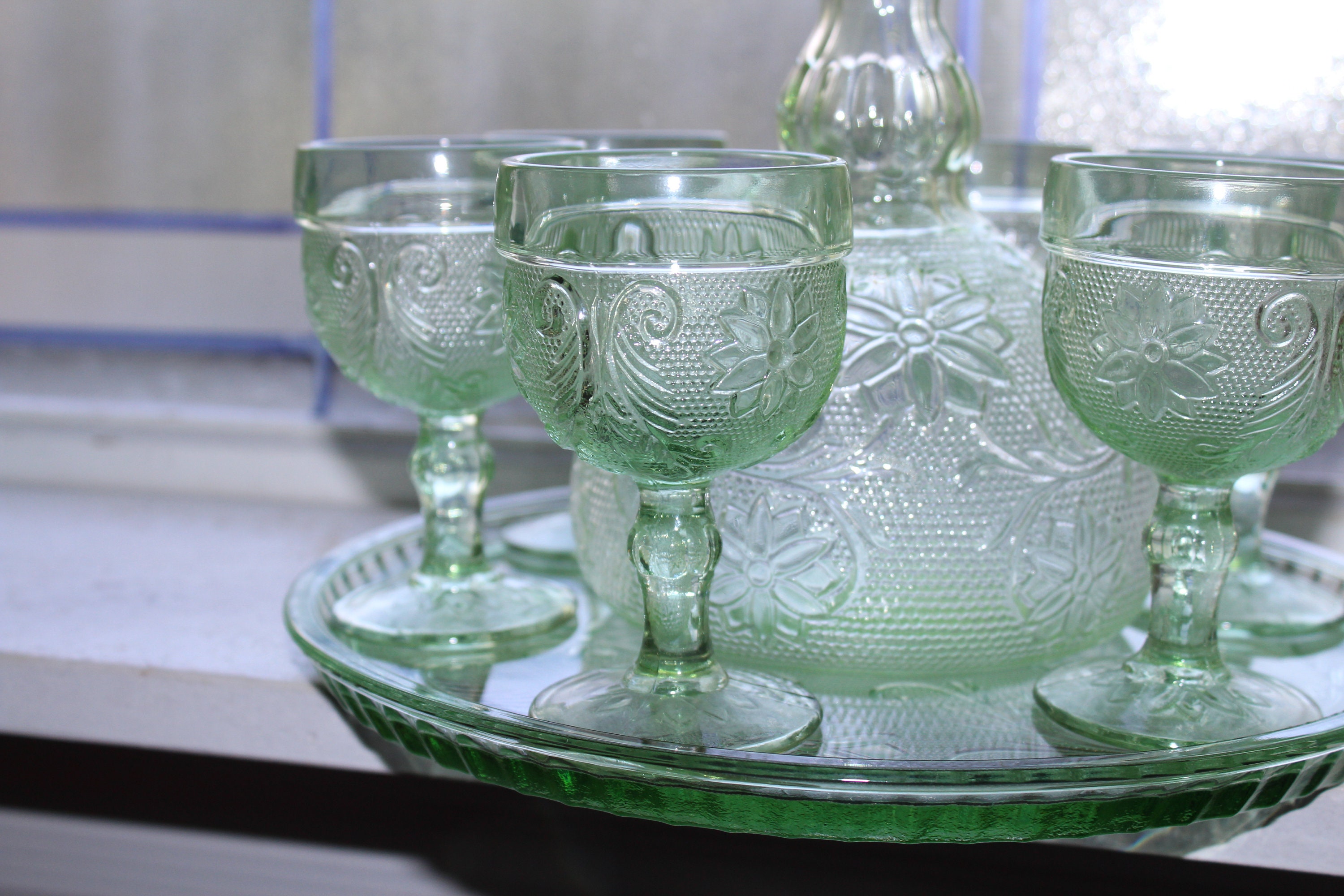 Green Tiara Sandwich Glass Decanter 6 Goblets and Tray