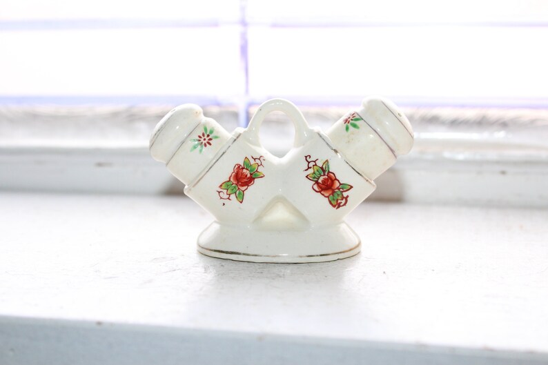 Vintage Cylinder Salt and Pepper Shakers with Holder