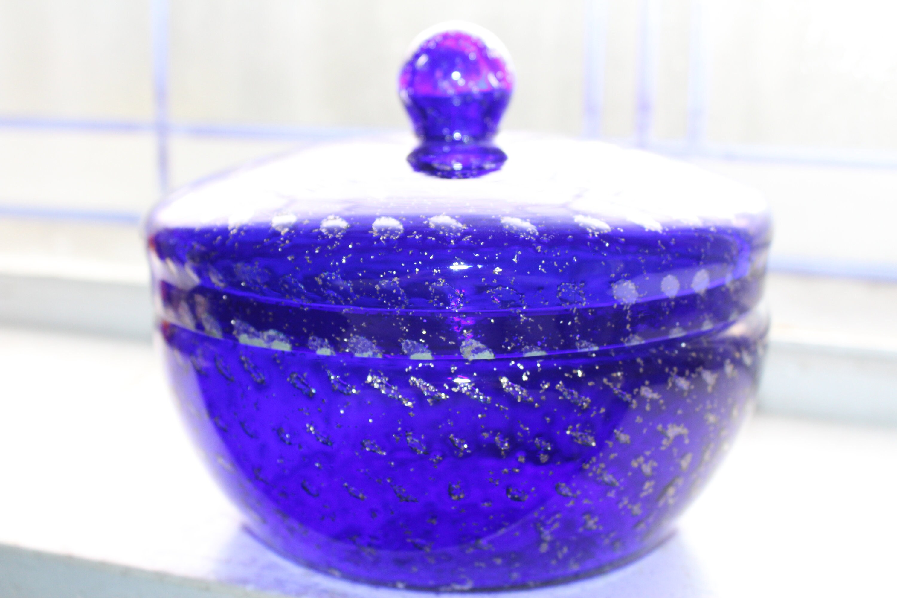 Vintage Cobalt Blue Glass Candy Dish with Lid and Metallic Flakes
